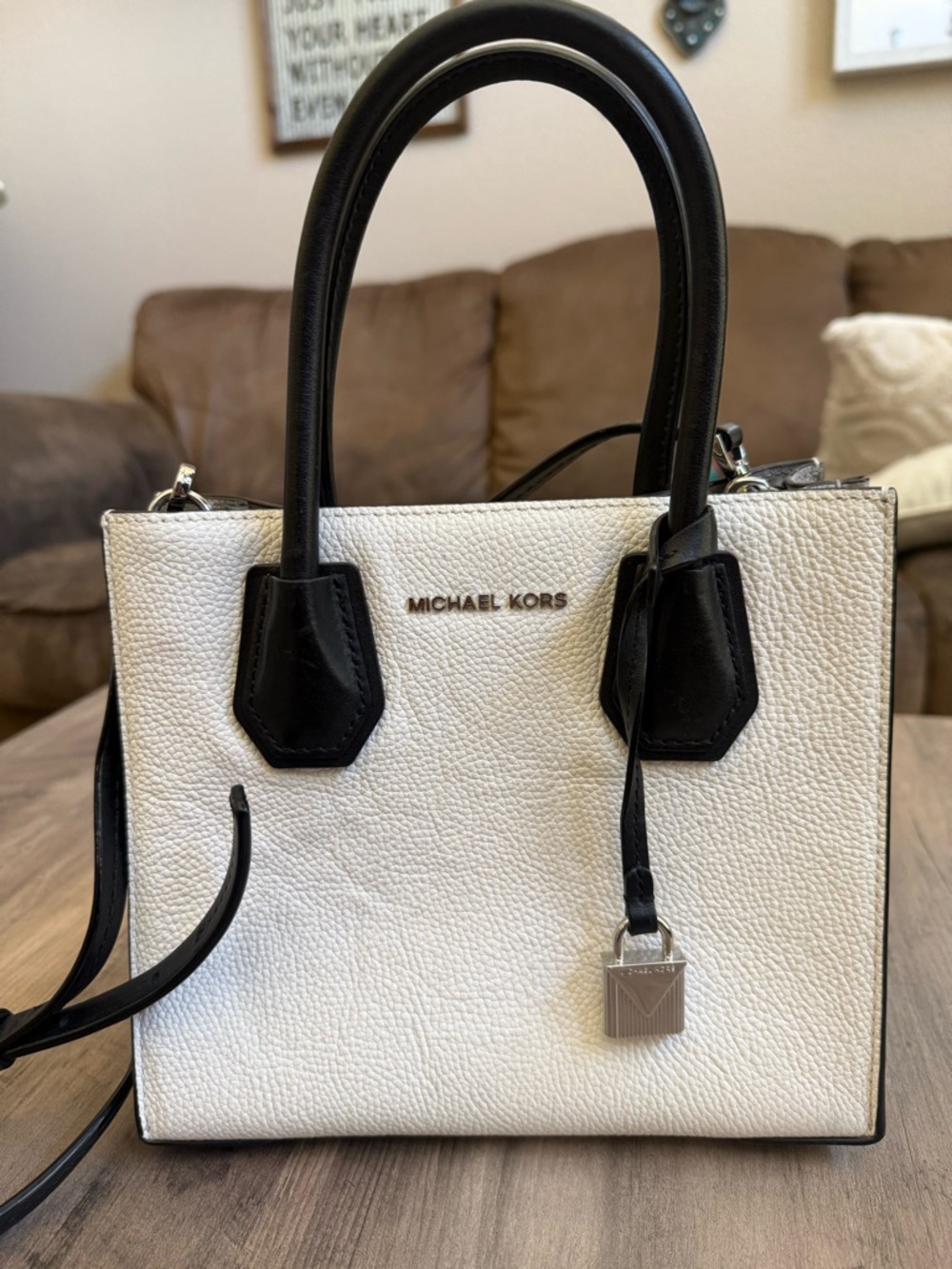 Michael Kors White and Black Pebbled Leather Satchel